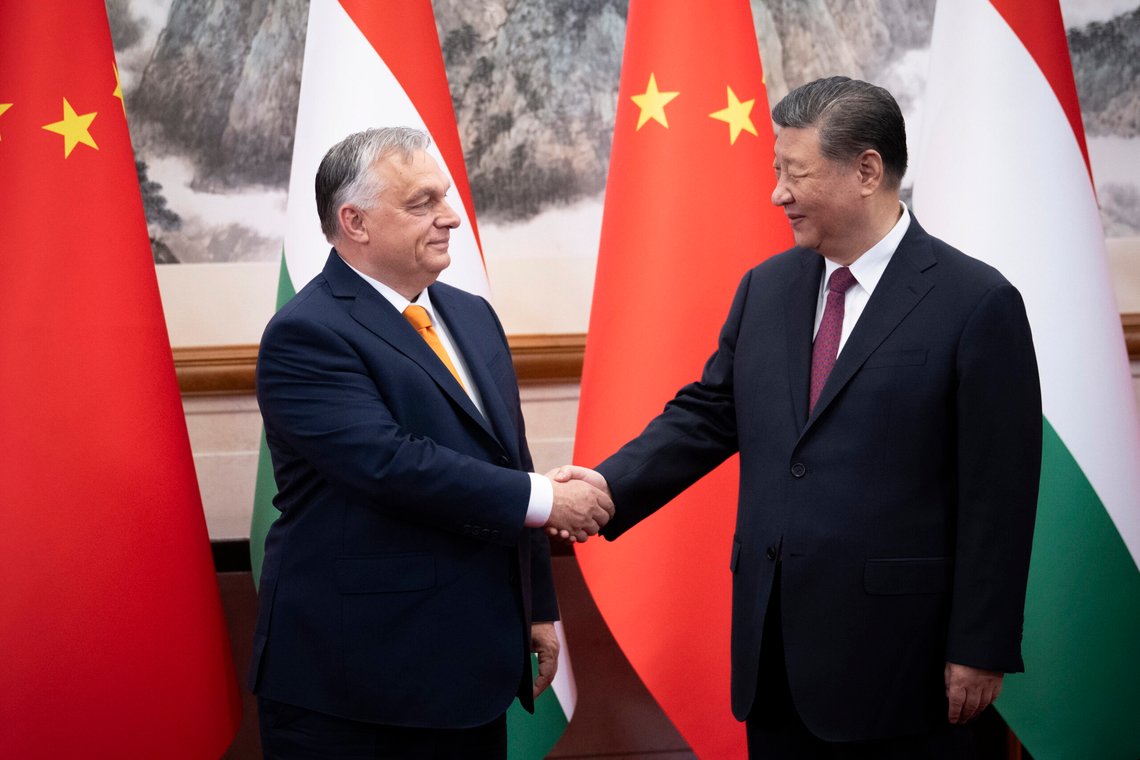 In this picture issued by the Hungarian Prime Minister's Press Office, Hungarian Prime Minister Viktor Orban, left, and Chinese President Xi Jinping shake hands before a meeting in Beijing, China, Monday, July 8, 2024. (Vivien Cher Benko/Hungarian PM's Press Office//MTI via AP) In this picture issued by the Hungarian Prime Minister's Press Office, Hungarian Prime Minister Viktor Orban, left, and Chinese President Xi Jinping shake hands before a meeting in Beijing, China, Monday, July 8, 2024. (Vivien Cher Benko/Hungarian PM's Press Office//MTI via AP)