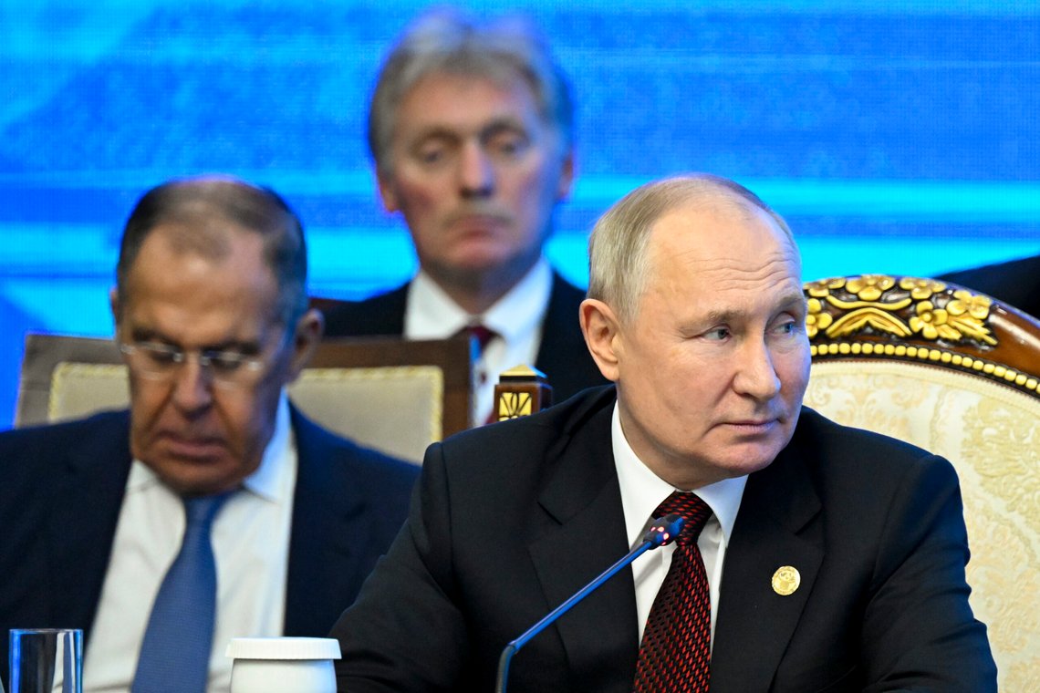 Russian President Vladimir Putin, right, Russian Foreign Minister Sergey Lavrov, left, and Kremlin spokesman Dmitry Peskov attend the Commonwealth of Independent States (CIS) meeting in Bishkek, Kyrgyzstan, on Friday, Oct. 13, 2023. (Pavel Bednyakov, Sputnik, Kremlin Pool Photo via AP) Russian President Vladimir Putin, right, Russian Foreign Minister Sergey Lavrov, left, and Kremlin spokesman Dmitry Peskov attend the Commonwealth of Independent States (CIS) meeting in Bishkek, Kyrgyzstan, on Friday, Oct. 13, 2023. (Pavel Bednyakov, Sputnik, Kremlin Pool Photo via AP)