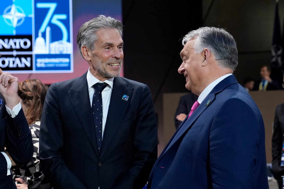 Prime Minister of the Netherlands Dick Schoof, left, speaks with Prime Minister of Hungary Viktor Orban during Working Session III of the NATO Summit in Washington, Thursday, July 11, 2024. (AP Photo/Susan Walsh) Prime Minister of the Netherlands Dick Schoof, left, speaks with Prime Minister of Hungary Viktor Orban during Working Session III of the NATO Summit in Washington, Thursday, July 11, 2024. (AP Photo/Susan Walsh)