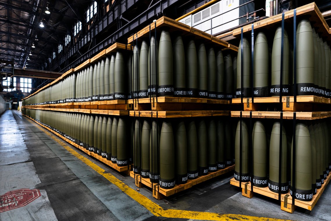 155 mm M795 artillery projectiles are stored for shipping to other facilities to complete the manufacturing process at the Scranton Army Ammunition Plant in Scranton, Pa., Thursday, April 13, 2023. The 155 mm howitzer round is one of the most requested artillery munitions of the Ukraine war. Already the U.S. has shipped more than 1.5 million rounds to Ukraine, but Kyiv is still seeking more. (AP Photo/Matt Rourke) 155 mm M795 artillery projectiles are stored for shipping to other facilities to complete the manufacturing process at the Scranton Army Ammunition Plant in Scranton, Pa., Thursday, April 13, 2023. The 155 mm howitzer round is one of the most requested artillery munitions of the Ukraine war. Already the U.S. has shipped more than 1.5 million rounds to Ukraine, but Kyiv is still seeking more. (AP Photo/Matt Rourke)