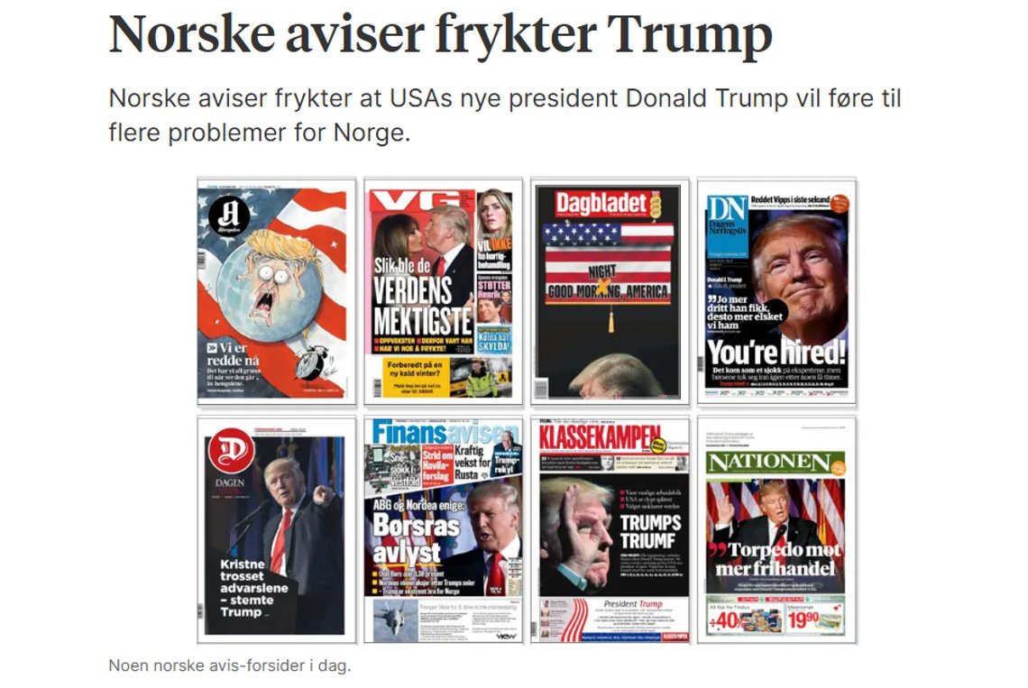 Skjermbilde, Stavanger Aftenblad. 10. november 2016. - Norske aviser frykter Trump.
Norske aviser frykter at USAs nye president Donald Trump vil føre til flere problemer for Norge. Av NTB. Skjermbilde, Stavanger Aftenblad. 10. november 2016. - Norske aviser frykter Trump.
Norske aviser frykter at USAs nye president Donald Trump vil føre til flere problemer for Norge. Av NTB.