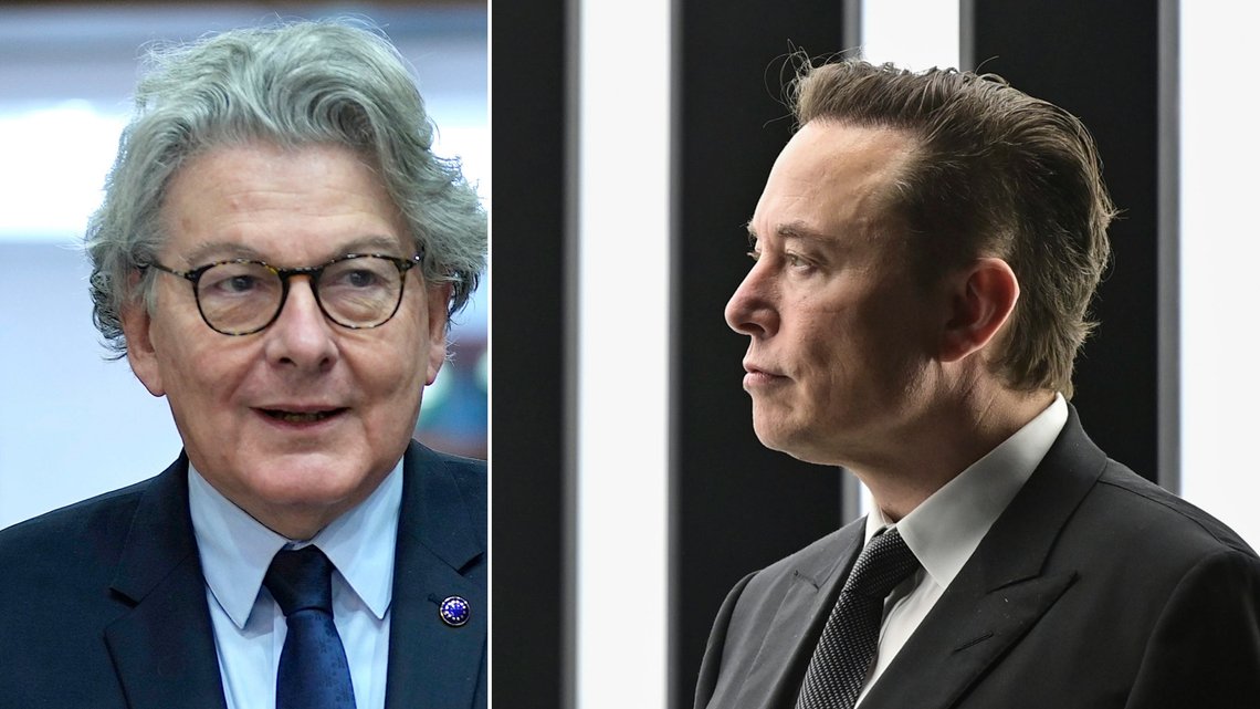 ADVARER: EUs industrisjef Thierry Breton advarer Musk om mulige bøter og sanksjoner om det ikke gjøres grep. ADVARER: EUs industrisjef Thierry Breton advarer Musk om mulige bøter og sanksjoner om det ikke gjøres grep.