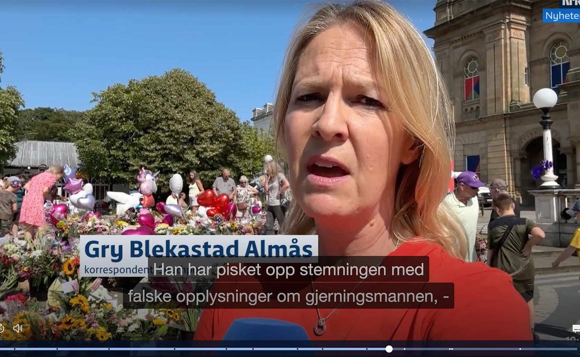 NRK Dagsrevyen 1. august 2024 mener det var høyreekstreme som sto bak demonstrasjonene etter knivmassakren på barn i Southport, England mandag denne uken. NRK Dagsrevyen 1. august 2024 mener det var høyreekstreme som sto bak demonstrasjonene etter knivmassakren på barn i Southport, England mandag denne uken.