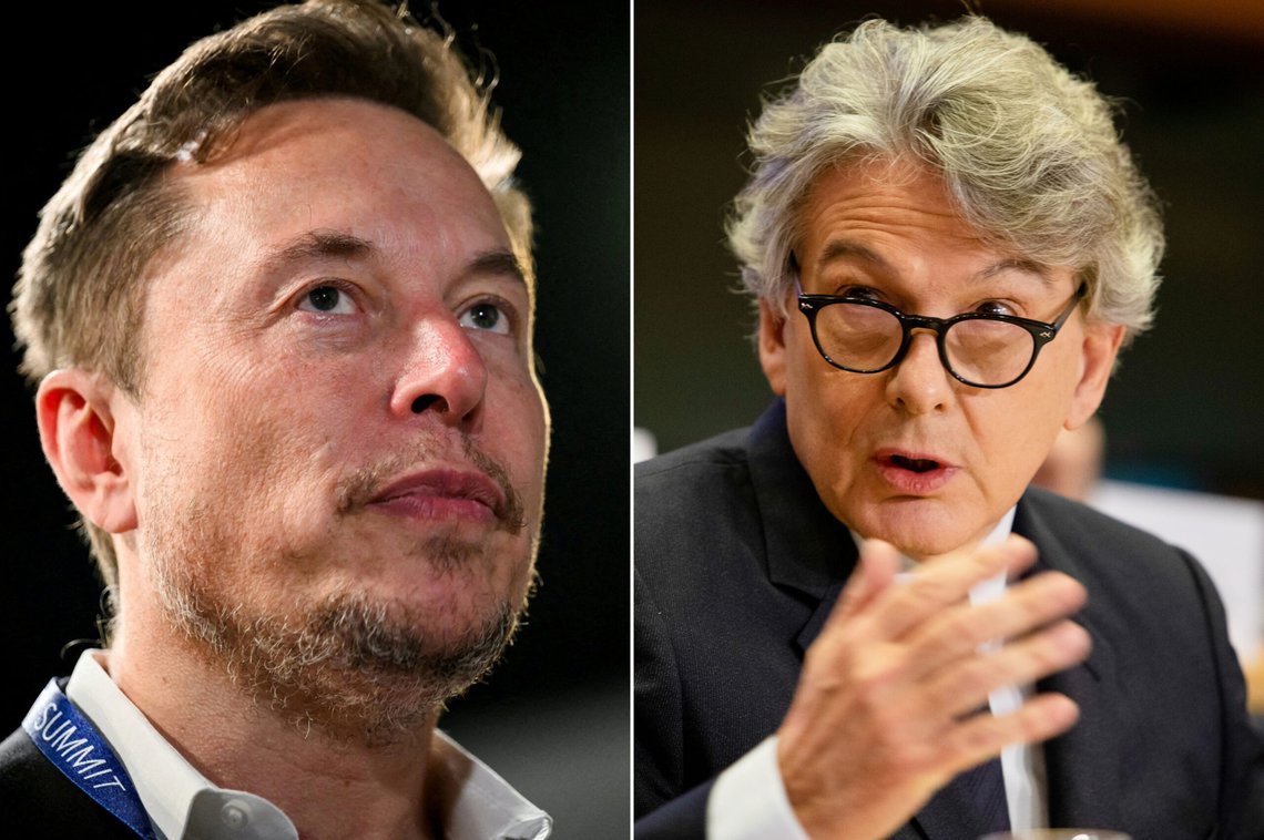 KJEFT: EU-kommissær Thierry Breton (t.h.) får kjeft av egne sjefer etter det krasse brevet til Elon Musk. Foto: NTB/EU-kommisjonen KJEFT: EU-kommissær Thierry Breton (t.h.) får kjeft av egne sjefer etter det krasse brevet til Elon Musk. Foto: NTB/EU-kommisjonen