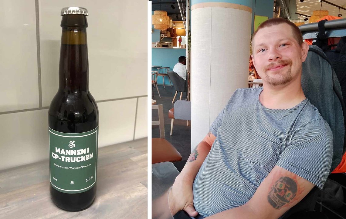 Krenkende øl: Det håndbryggede ølet «Mannen i CP-trucken» er gjenstand for en klage til Diskrimineringsombudet i Sverige. Til høyre opphavsmannen, CP-rammede Johan Öberg. (Foto: Facebook/Privat) Krenkende øl: Det håndbryggede ølet «Mannen i CP-trucken» er gjenstand for en klage til Diskrimineringsombudet i Sverige. Til høyre opphavsmannen, CP-rammede Johan Öberg. (Foto: Facebook/Privat)