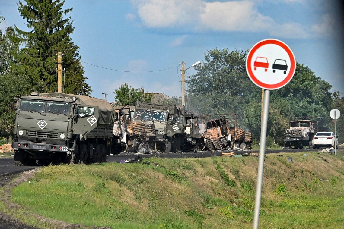A view of the column of Russian Army trucks damaged by shelling by he Ukrainian Armed Forces on the highway in the Sudzhansky district, Kursk region of Russia, Friday, Aug. 9, 2024. (Anatoliy Zhdanov/Kommersant Publishing House via AP) A view of the column of Russian Army trucks damaged by shelling by he Ukrainian Armed Forces on the highway in the Sudzhansky district, Kursk region of Russia, Friday, Aug. 9, 2024. (Anatoliy Zhdanov/Kommersant Publishing House via AP)