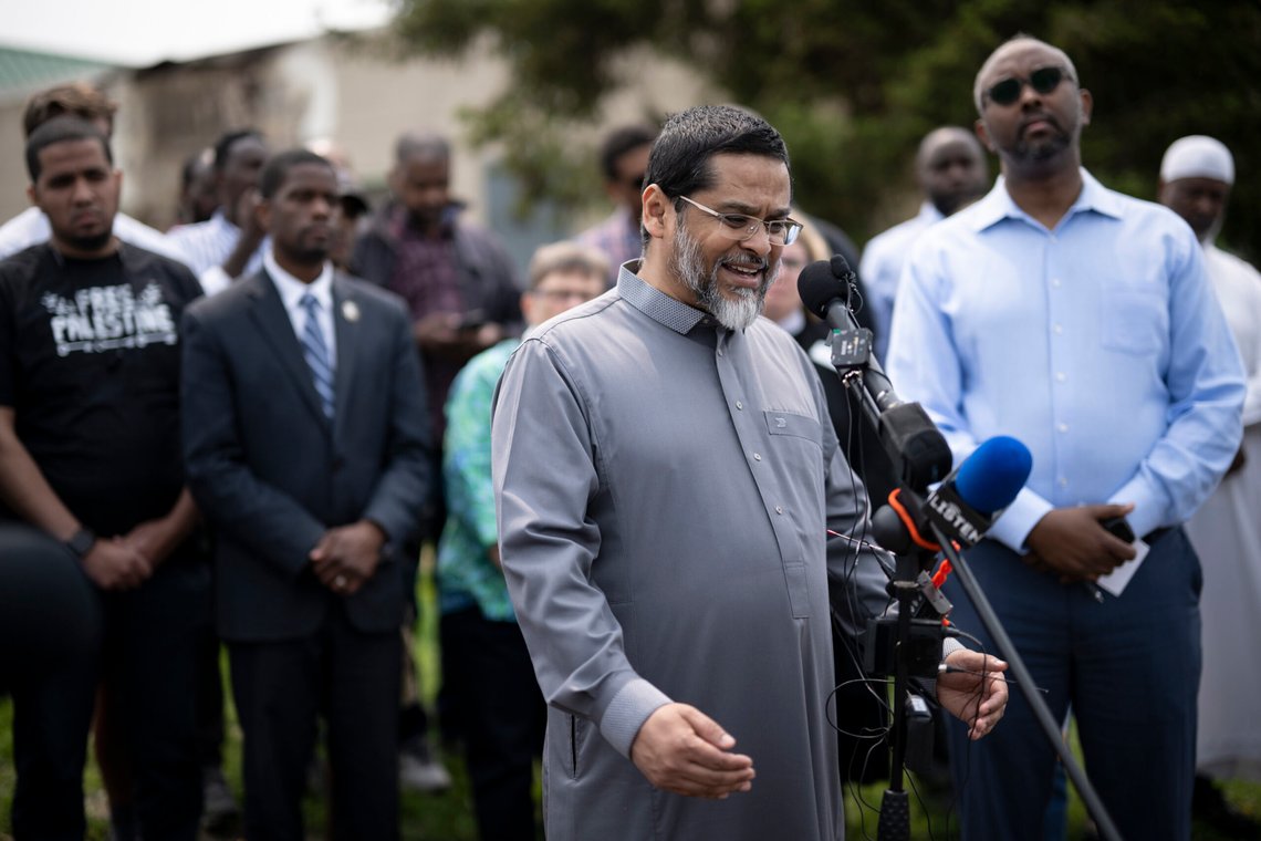 Imam Asad Zaman, executive director of the Muslim American Society of Minnesota, speaks to the media Wednesday, May 17, 2023, outside the burned-out Tawhid Islamic Center in St. Paul, Minn. The arson was one of at least six acts of vandalism or arson against mosques in Minnesota this year, and prompted Muslim and government officials to call for the state's residents to stand in unity with Muslims. (Aaron Lavinsky/Star Tribune via AP) Imam Asad Zaman, executive director of the Muslim American Society of Minnesota, speaks to the media Wednesday, May 17, 2023, outside the burned-out Tawhid Islamic Center in St. Paul, Minn. The arson was one of at least six acts of vandalism or arson against mosques in Minnesota this year, and prompted Muslim and government officials to call for the state's residents to stand in unity with Muslims. (Aaron Lavinsky/Star Tribune via AP)