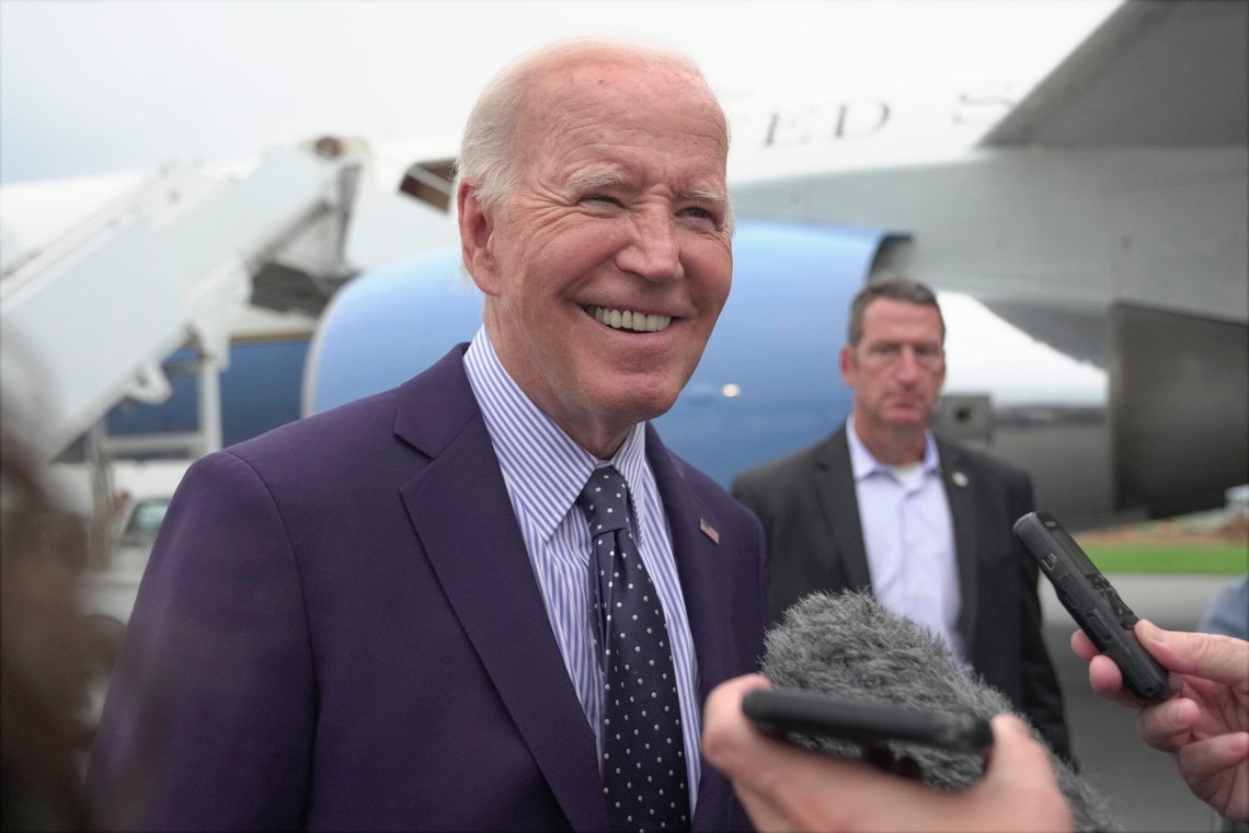 President Joe Biden speaks to reporters after arriving at Hagerstown, Md., for a brief stop en route to Camp David, Friday, Aug. 16, 2024. (AP Photo/Manuel Balce Ceneta) President Joe Biden speaks to reporters after arriving at Hagerstown, Md., for a brief stop en route to Camp David, Friday, Aug. 16, 2024. (AP Photo/Manuel Balce Ceneta)