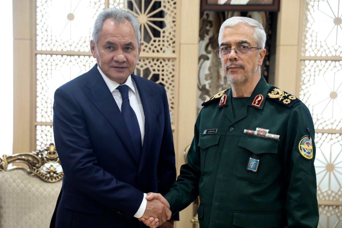 Chief of the General Staff of Iran's Armed Forces Gen. Mohammad Hossein Bagheri, right, shakes hands with Secretary of Russia's Security Council, Sergei Shoigu during their meeting in Tehran, Monday, Aug. 5, 2024. (Public relation of the General Staff of Iran's Armed Forces via AP) Chief of the General Staff of Iran's Armed Forces Gen. Mohammad Hossein Bagheri, right, shakes hands with Secretary of Russia's Security Council, Sergei Shoigu during their meeting in Tehran, Monday, Aug. 5, 2024. (Public relation of the General Staff of Iran's Armed Forces via AP)