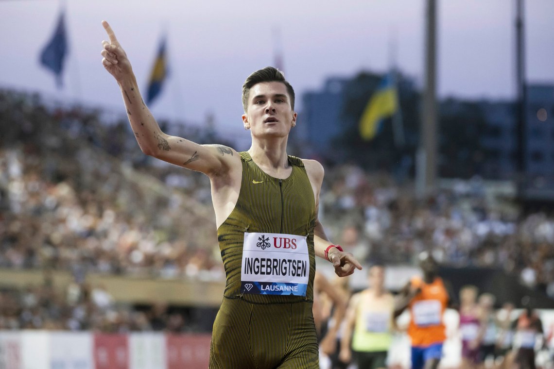 Jakob Ingebrigtsen of Norway celebrates winning the 1500m Men during the World Athletics Diamond League Athletissima meeting at the Stade Olympique de la Pontaise in Lausanne, Switzerland, Thursday, August 22, 2024. (Laurent Gillieron/Keystone via AP) Jakob Ingebrigtsen of Norway celebrates winning the 1500m Men during the World Athletics Diamond League Athletissima meeting at the Stade Olympique de la Pontaise in Lausanne, Switzerland, Thursday, August 22, 2024. (Laurent Gillieron/Keystone via AP)