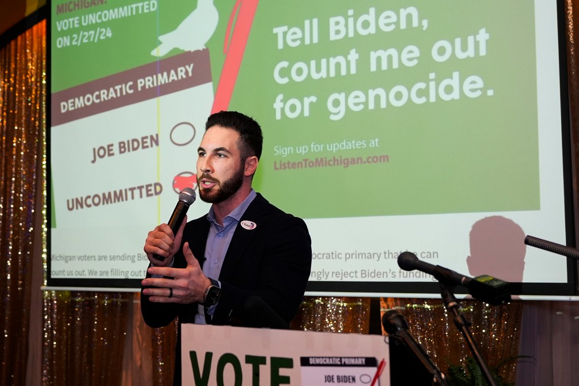 Dearborn Mayor Abdullah Hammoud speaks during an election night gathering, Tuesday, Feb. 27, 2024, in Dearborn, Mich. Some Democratic voters pledged to vote "uncommitted" in Tuesday's primary to let President Joe Biden know they aren't happy with his support for Israel in its response to the Oct. 7 attacks by Hamas. (AP Photo/Carlos Osorio) Dearborn Mayor Abdullah Hammoud speaks during an election night gathering, Tuesday, Feb. 27, 2024, in Dearborn, Mich. Some Democratic voters pledged to vote "uncommitted" in Tuesday's primary to let President Joe Biden know they aren't happy with his support for Israel in its response to the Oct. 7 attacks by Hamas. (AP Photo/Carlos Osorio)