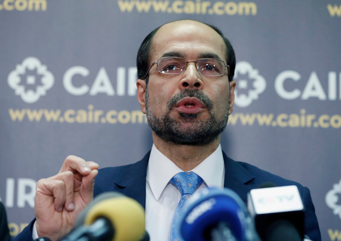 FILE - Council on American-Islamic Relations (CAIR) national executive director Nihad Awad speaks during a news conference, Jan. 30, 2017, in Washington. The national Muslim civil rights group said Thursday, Oct. 19, 2023, that it is moving its annual banquet out of a Virginia hotel that received bomb and death threats possibly linked to the group's concern for Palestinians caught in the Israel-Hamas war. Awad, who is Palestinian American, condemned the threats received by the organization and hotel staff. (AP Photo/Alex Brandon, File) FILE - Council on American-Islamic Relations (CAIR) national executive director Nihad Awad speaks during a news conference, Jan. 30, 2017, in Washington. The national Muslim civil rights group said Thursday, Oct. 19, 2023, that it is moving its annual banquet out of a Virginia hotel that received bomb and death threats possibly linked to the group's concern for Palestinians caught in the Israel-Hamas war. Awad, who is Palestinian American, condemned the threats received by the organization and hotel staff. (AP Photo/Alex Brandon, File)