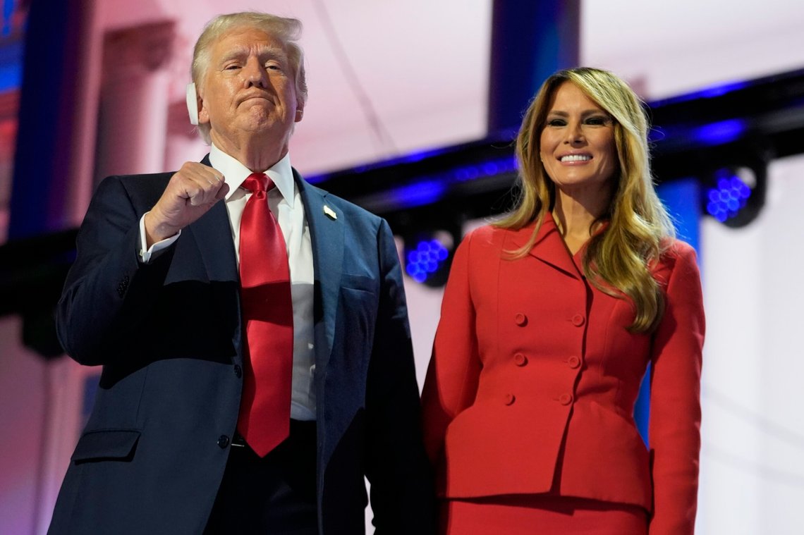 Republican presidential candidate former President Donald Trump and Melania Trump during the final day of the Republican National Convention Thursday, July 18, 2024, in Milwaukee. (AP Photo/Paul Sancya) Republican presidential candidate former President Donald Trump and Melania Trump during the final day of the Republican National Convention Thursday, July 18, 2024, in Milwaukee. (AP Photo/Paul Sancya)