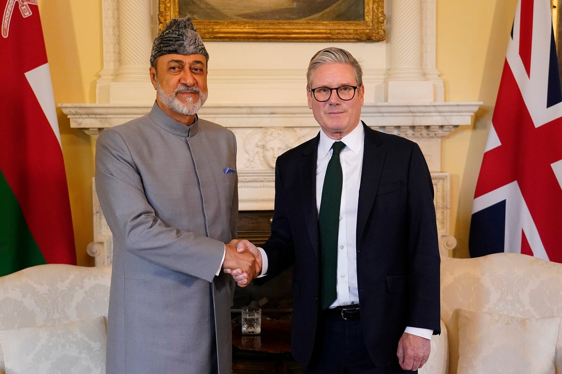 Britain's Prime Minister Keir Starmer welcomes Sultan Haitham bin Tariq Al Said, the Sultan of Oman to 10 Downing Street in London, Tuesday, Aug. 6, 2024.(AP Photo/Alberto Pezzali, Pool) Britain's Prime Minister Keir Starmer welcomes Sultan Haitham bin Tariq Al Said, the Sultan of Oman to 10 Downing Street in London, Tuesday, Aug. 6, 2024.(AP Photo/Alberto Pezzali, Pool)