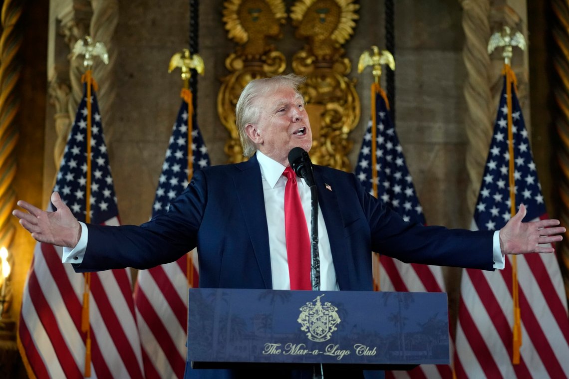 Republican presidential nominee former President Donald Trump speaks to reporters during a news conference at his Mar-a-Lago estate Thursday, Aug. 8, 2024, in Palm Beach, Fla. (AP Photo/Alex Brandon) Republican presidential nominee former President Donald Trump speaks to reporters during a news conference at his Mar-a-Lago estate Thursday, Aug. 8, 2024, in Palm Beach, Fla. (AP Photo/Alex Brandon)