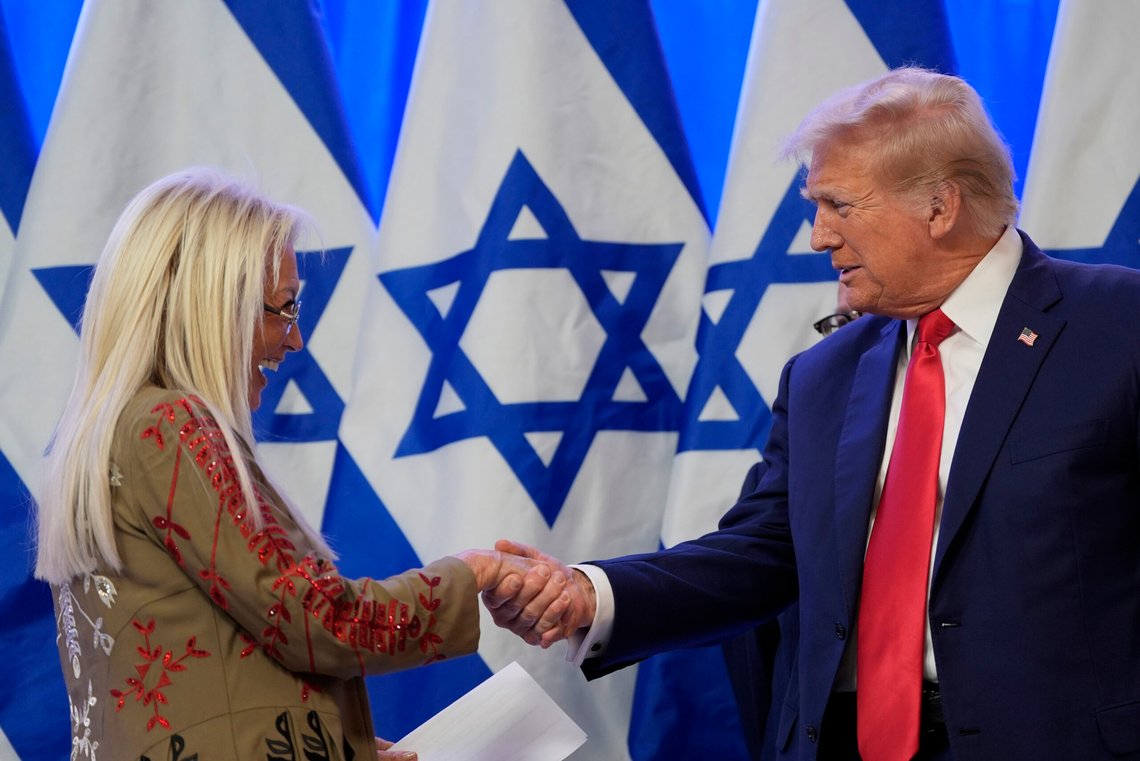 Republican presidential nominee former President Donald Trump greets Miriam Adelson during an event on combating antisemitism at Trump National Golf Club, Thursday, Aug. 15, 2024, in Bedminster, N.J. (AP Photo/Julia Nikhinson) Republican presidential nominee former President Donald Trump greets Miriam Adelson during an event on combating antisemitism at Trump National Golf Club, Thursday, Aug. 15, 2024, in Bedminster, N.J. (AP Photo/Julia Nikhinson)