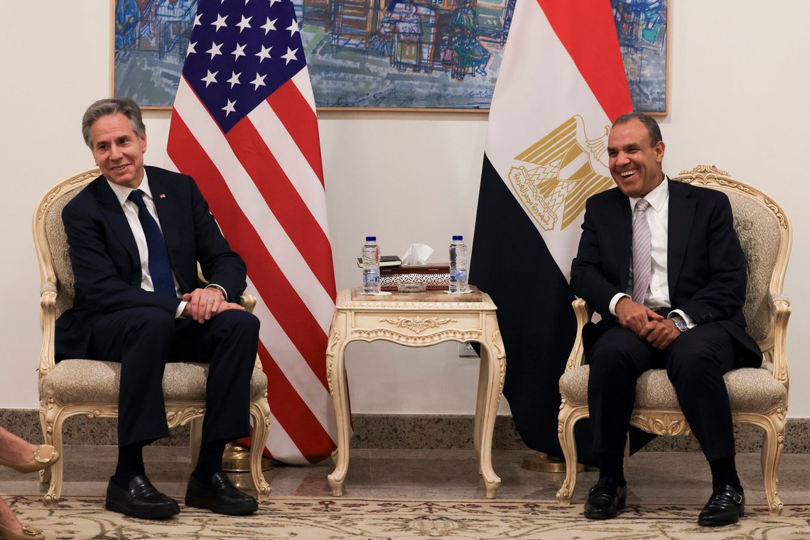 U.S. Secretary of State Antony Blinken, left, meets with Egypt's Foreign Minister Badr Abdelatty in El-Alamein, Egypt, Tuesday, Aug. 20, 2024. (Kevin Mohatt/Pool Photo via AP) U.S. Secretary of State Antony Blinken, left, meets with Egypt's Foreign Minister Badr Abdelatty in El-Alamein, Egypt, Tuesday, Aug. 20, 2024. (Kevin Mohatt/Pool Photo via AP)