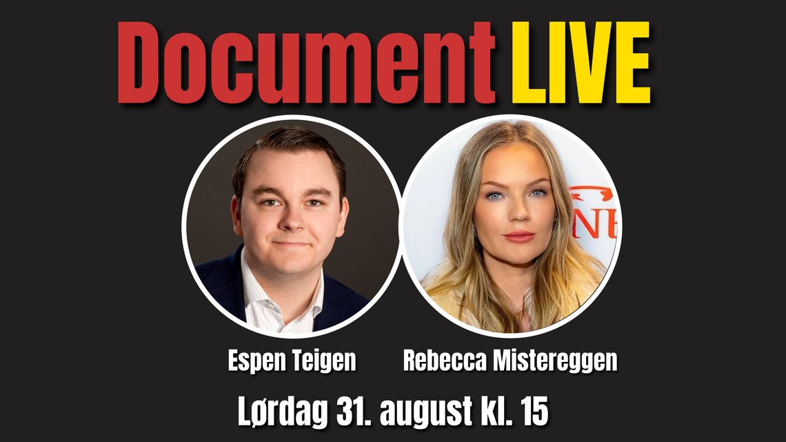 Ny livesending med Espen Teigen og Rebecca Mistereggen lørdag 31. august kl. 15.00 på X, YouTube og Rumble. Ny livesending med Espen Teigen og Rebecca Mistereggen lørdag 31. august kl. 15.00 på X, YouTube og Rumble.