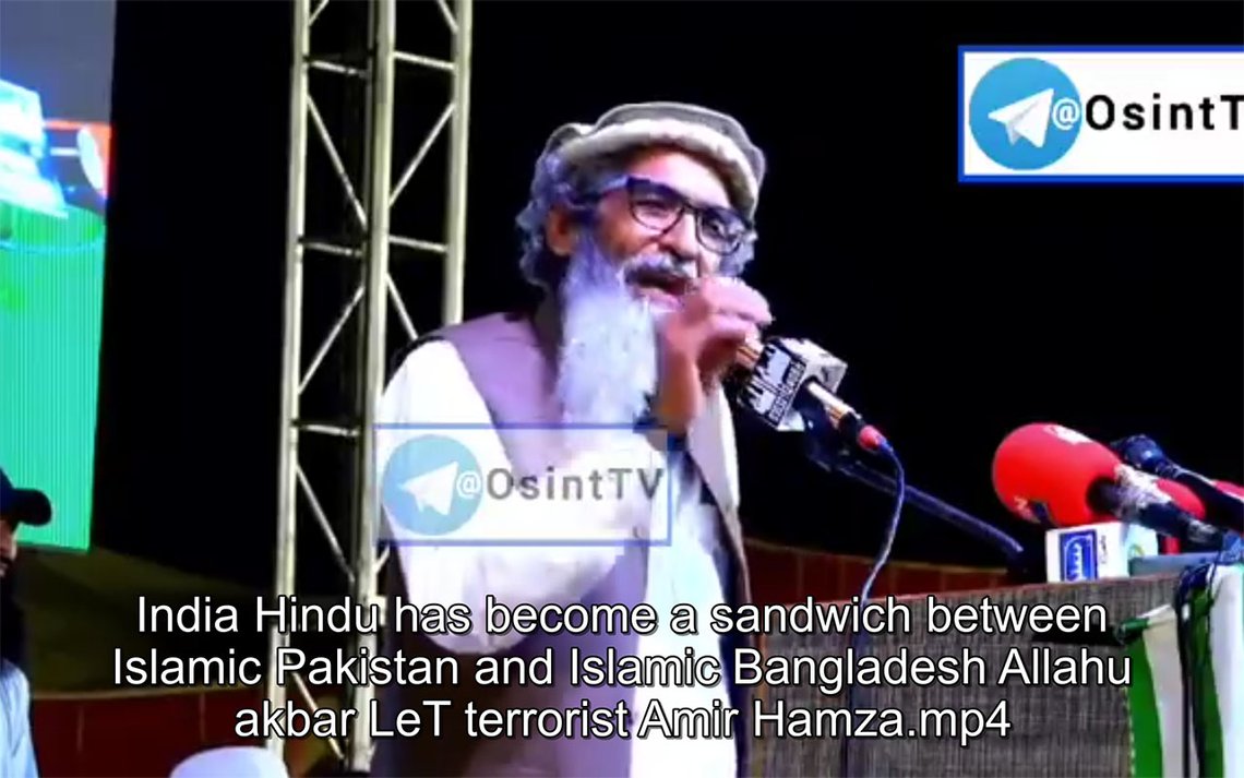 Hinduene er nu en sandwich mellom to islamske land, ifølge terrorveteranen Amir Hamza. Skjermbilde fra Telegram-video Hinduene er nu en sandwich mellom to islamske land, ifølge terrorveteranen Amir Hamza. Skjermbilde fra Telegram-video