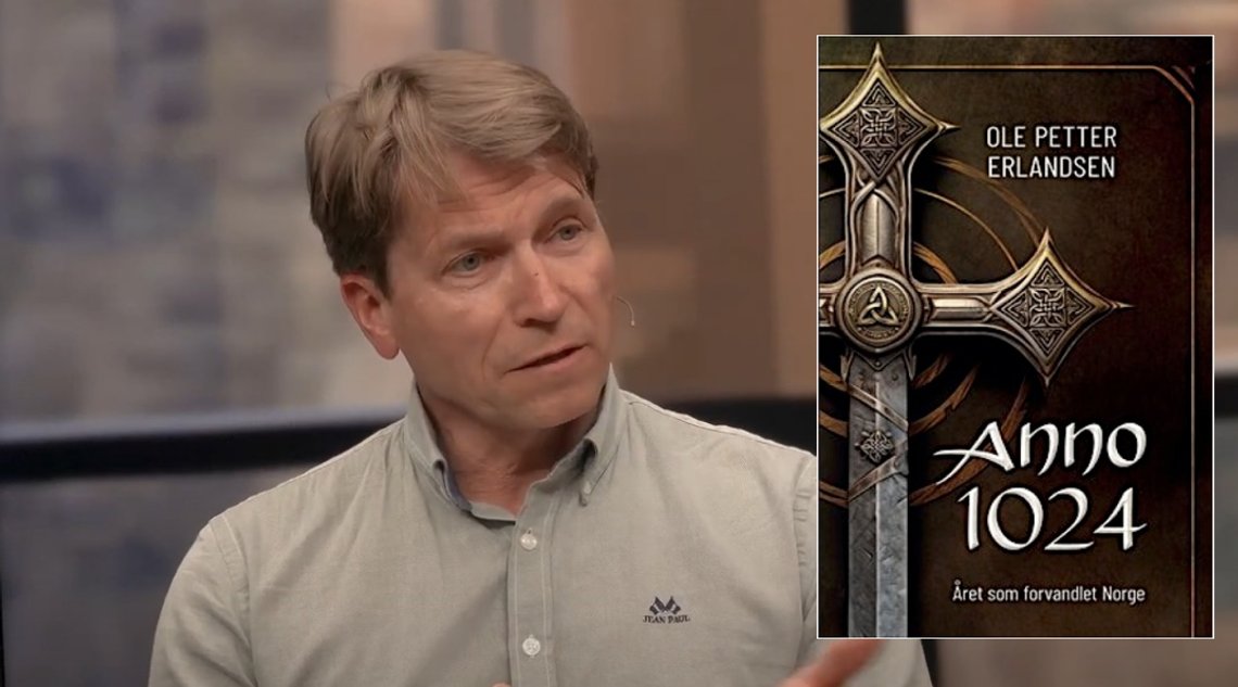Boken «Anno 2024» og dens forfatter Ole Petter Erlandsen. Omslag av boken: Proklamedia. Stillbilde av forfatteren: TVL / YouTube. Boken «Anno 2024» og dens forfatter Ole Petter Erlandsen. Omslag av boken: Proklamedia. Stillbilde av forfatteren: TVL / YouTube.