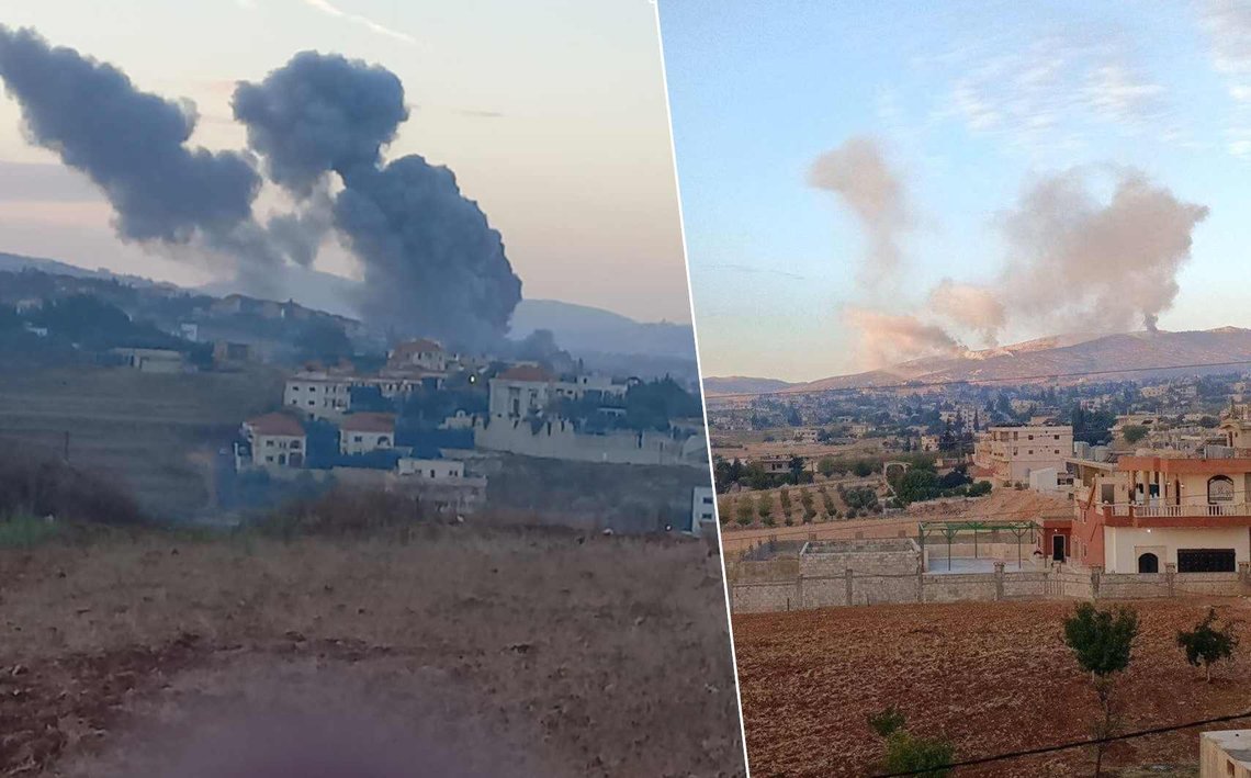 Bilder som skal vise israelske bombeangrep mot Hizbollah-mål i Al-Fawqa (t.v.) og Baalbek-området i Libanon i morgentimene mandag. (Foto: @Bk_Hanas og @Annahar/X) Bilder som skal vise israelske bombeangrep mot Hizbollah-mål i Al-Fawqa (t.v.) og Baalbek-området i Libanon i morgentimene mandag. (Foto: @Bk_Hanas og @Annahar/X)