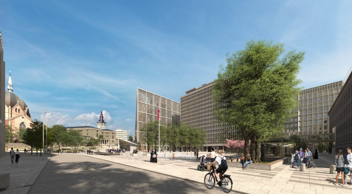 Nytt regjeringskvartal sett fra Akersgata. Fotograf: Statsbygg/Team Urbis Nytt regjeringskvartal sett fra Akersgata. Fotograf: Statsbygg/Team Urbis