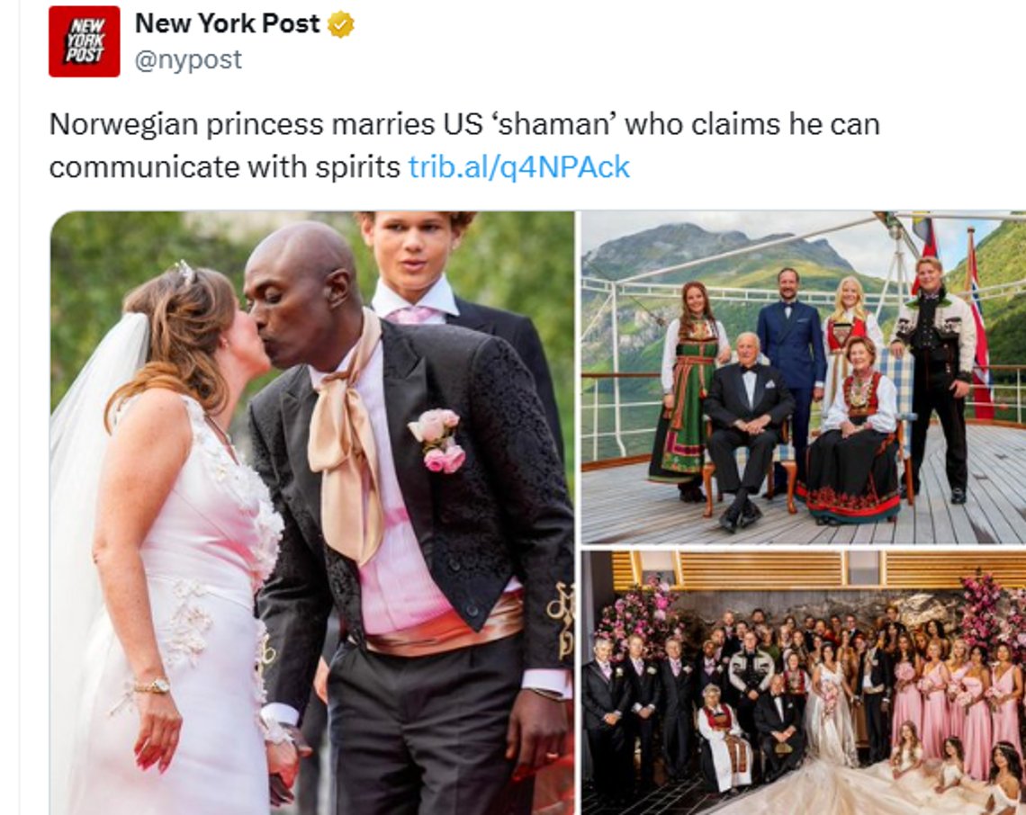 Skjermbilde: New York Post via X. – Norsk prinsesse gifter seg med amerikansk «sjaman» som hevder han kan kommunisere med ånder. Skjermbilde: New York Post via X. – Norsk prinsesse gifter seg med amerikansk «sjaman» som hevder han kan kommunisere med ånder.