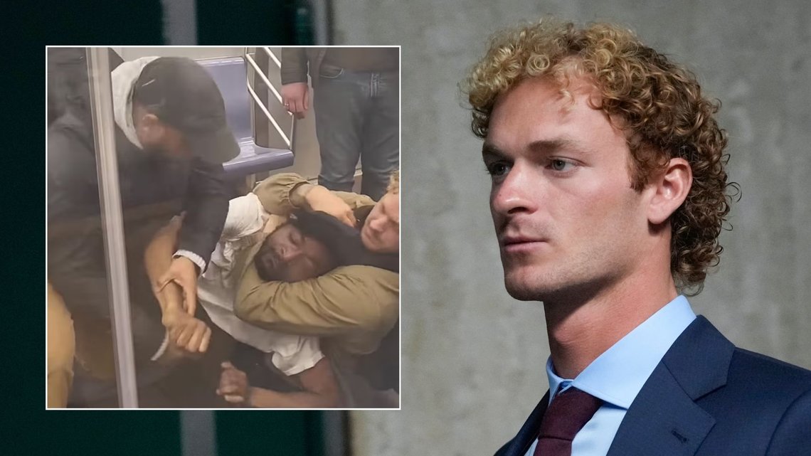 Daniel Penny står tiltalt for uaktsomt drap etter den hyperkriminelle Jordan Neely døde etter Penny tok kvelertak på han på t-banen for å stoppe han fra å angripe andre på t-banen. Foto: (AP Photo/Seth Wenig) Daniel Penny står tiltalt for uaktsomt drap etter den hyperkriminelle Jordan Neely døde etter Penny tok kvelertak på han på t-banen for å stoppe han fra å angripe andre på t-banen. Foto: (AP Photo/Seth Wenig)