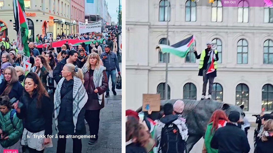 KULTURARBEIDERE MOT FOLKEMORD: I demonstrasjonstoget lørdag 5. oktober, marsjerte de blant annet under parolen "Kulturarbeidere mot folkemord". Foto: TikTok-livestream KULTURARBEIDERE MOT FOLKEMORD: I demonstrasjonstoget lørdag 5. oktober, marsjerte de blant annet under parolen "Kulturarbeidere mot folkemord". Foto: TikTok-livestream