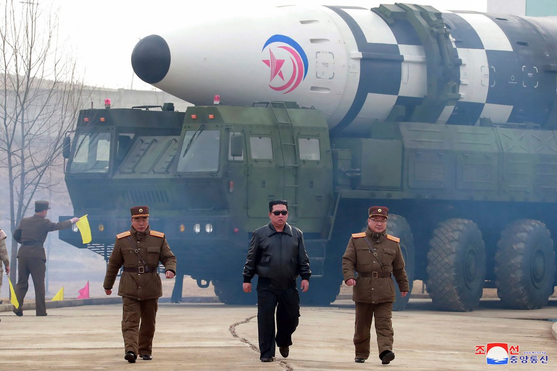FILE - In this photo distributed by the North Korean government, North Korean leader Kim Jong Un, center, walks around what it says is a Hwasong-17 intercontinental ballistic missile (ICBM) on the launcher at an undisclosed location in North Korea, March 24, 2022. Independent journalists were not given access to cover the event depicted in this image distributed by the North Korean government. The content of this image is as provided and cannot be independently verified. Korean language watermark on image as provided by source reads: "KCNA" which is the abbreviation for Korean Central News Agency. (Korean Central News Agency/Korea News Service via AP, File) FILE - In this photo distributed by the North Korean government, North Korean leader Kim Jong Un, center, walks around what it says is a Hwasong-17 intercontinental ballistic missile (ICBM) on the launcher at an undisclosed location in North Korea, March 24, 2022. Independent journalists were not given access to cover the event depicted in this image distributed by the North Korean government. The content of this image is as provided and cannot be independently verified. Korean language watermark on image as provided by source reads: "KCNA" which is the abbreviation for Korean Central News Agency. (Korean Central News Agency/Korea News Service via AP, File)
