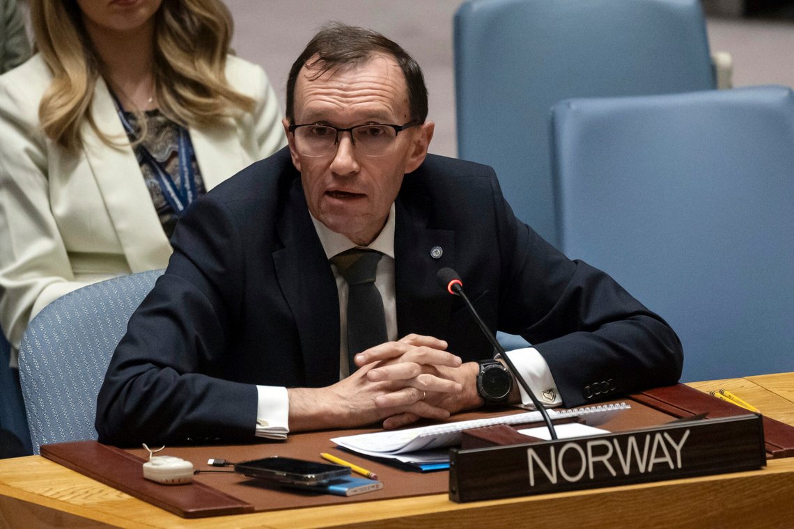 Norges utenriksminister Espen Barth Eide taler under et møte i Sikkerhetsrådet i FNs hovedkvarter, tirsdag 23. januar 2024. Foto: AP /Yuki Iwamura/ NTB Norges utenriksminister Espen Barth Eide taler under et møte i Sikkerhetsrådet i FNs hovedkvarter, tirsdag 23. januar 2024. Foto: AP /Yuki Iwamura/ NTB