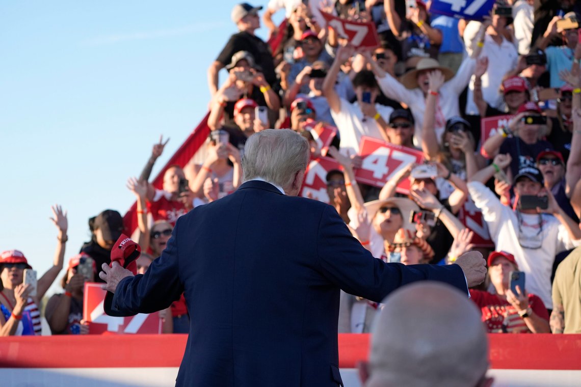 Republican presidential nominee former President Donald Trump arrives to speak at a campaign rally at the Calhoun Ranch, Saturday, Oct. 12, 2024, in Coachella, Calif. (AP Photo/Alex Brandon) Republican presidential nominee former President Donald Trump arrives to speak at a campaign rally at the Calhoun Ranch, Saturday, Oct. 12, 2024, in Coachella, Calif. (AP Photo/Alex Brandon)