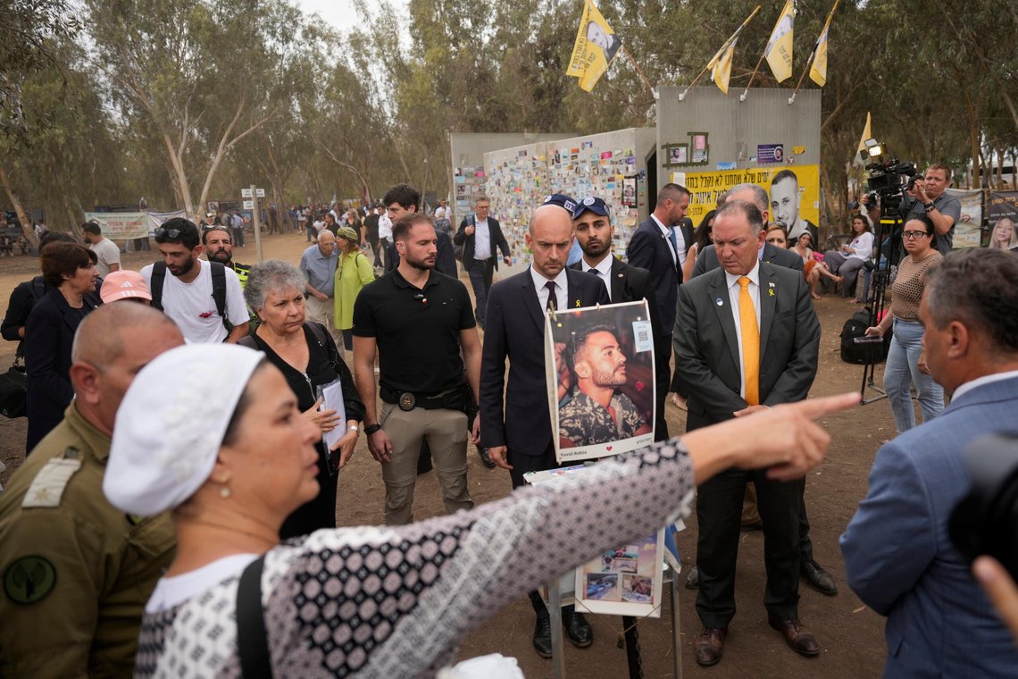 French Foreign Minister Jean-Noel Barrot arrives to take part in a ceremony at the site of the Nova music festival, where hundreds of revelers were killed and abducted by Hamas and taken into Gaza, on the one-year anniversary of the attack, near Kibbutz Reim, southern Israel, Monday, Oct. 7, 2024. (AP Photo/Ariel Schalit) French Foreign Minister Jean-Noel Barrot arrives to take part in a ceremony at the site of the Nova music festival, where hundreds of revelers were killed and abducted by Hamas and taken into Gaza, on the one-year anniversary of the attack, near Kibbutz Reim, southern Israel, Monday, Oct. 7, 2024. (AP Photo/Ariel Schalit)
