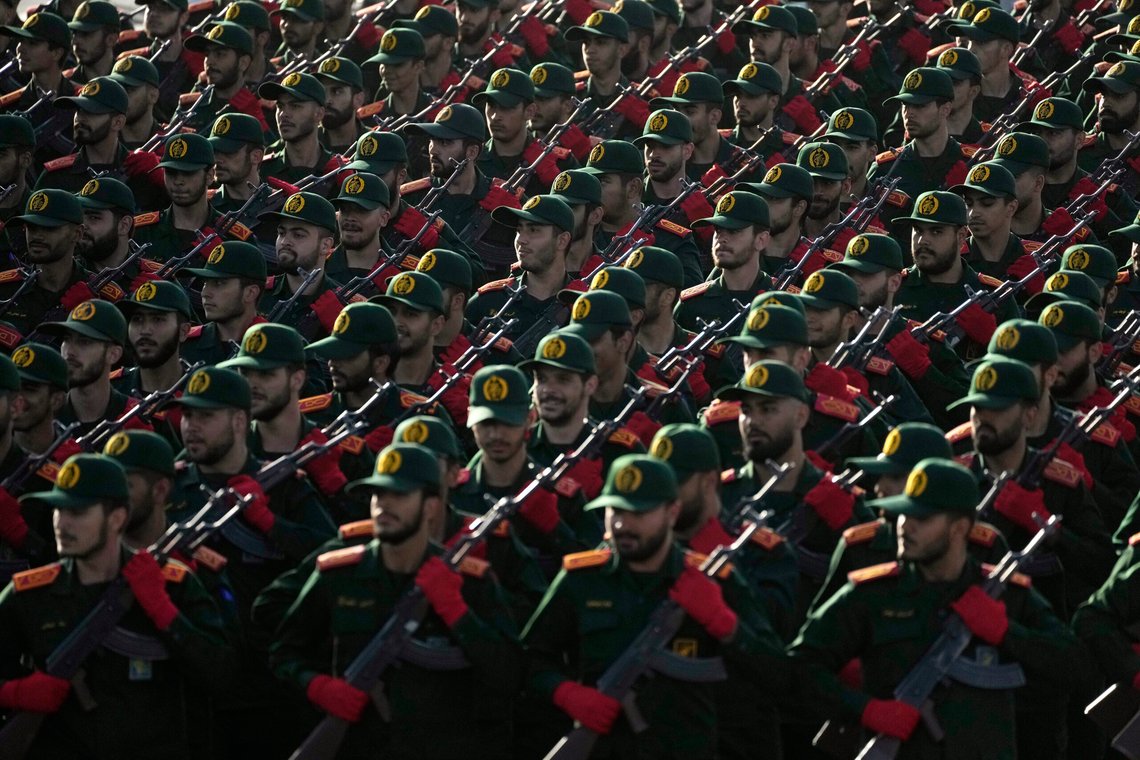 Iranian Revolutionary Guard cadets march during an annual military parade marking the anniversary of the beginning of war against Iran by former Iraqi Dictator Saddam Hussein 44 years ago, in front of the shrine of the late revolutionary founder Ayatollah Khomeini, just outside Tehran, Iran, Saturday, Sept. 21, 2024. (AP Photo/Vahid Salemi) Iranian Revolutionary Guard cadets march during an annual military parade marking the anniversary of the beginning of war against Iran by former Iraqi Dictator Saddam Hussein 44 years ago, in front of the shrine of the late revolutionary founder Ayatollah Khomeini, just outside Tehran, Iran, Saturday, Sept. 21, 2024. (AP Photo/Vahid Salemi)