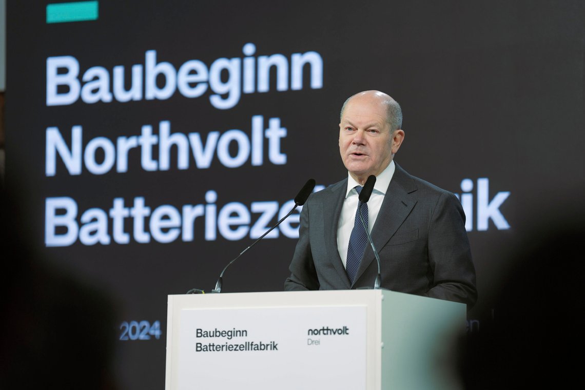 German Chancellor Olaf Scholz speaks before the start of construction of the Northvolt factory, in Hedwigenkoog, Germany, Monday, March 25, 2024. The Northvolt factory, will produce battery cells for electric cars from 2026. (Marcus Brandt/dpa via AP) German Chancellor Olaf Scholz speaks before the start of construction of the Northvolt factory, in Hedwigenkoog, Germany, Monday, March 25, 2024. The Northvolt factory, will produce battery cells for electric cars from 2026. (Marcus Brandt/dpa via AP)