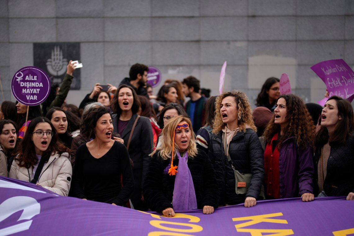 Women chant slogans during a rally marking the Nov. 25 International Day for the Elimination of Violence Against Women, in Istanbul, Saturday, Nov. 25, 2023. (AP Photo/Emrah Gurel) Women chant slogans during a rally marking the Nov. 25 International Day for the Elimination of Violence Against Women, in Istanbul, Saturday, Nov. 25, 2023. (AP Photo/Emrah Gurel)