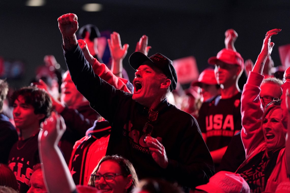 Attendees cheer as Republican presidential nominee former President Donald Trump speaks during a campaign rally at the Suburban Collection Showplace, Saturday, Oct. 26, 2024, in Novi, Mich. (AP Photo/Alex Brandon) Attendees cheer as Republican presidential nominee former President Donald Trump speaks during a campaign rally at the Suburban Collection Showplace, Saturday, Oct. 26, 2024, in Novi, Mich. (AP Photo/Alex Brandon)