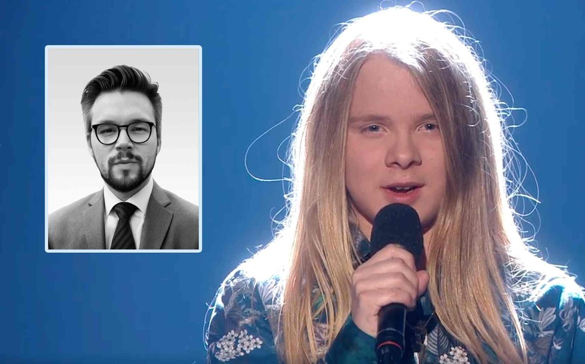 Peder Angel Lundquist Langen i semifinalen i TV 2-programmet Norske Talenter i 2019. Innfelt: Bistandsadvokat, Roy André Håkonsen Arteid. (Foto: Videostillbilde fra TV 2/Advokatfirmaet Røseid & co.) Peder Angel Lundquist Langen / advokat Roy André Håkonsen Arteid (innfelt)