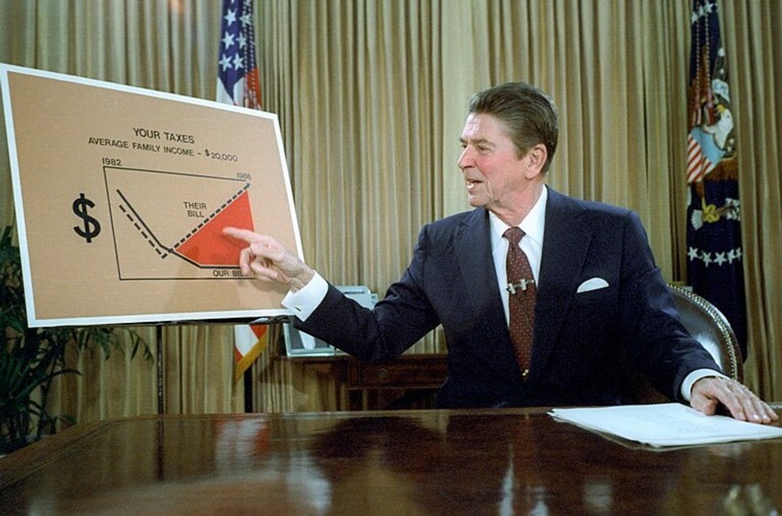 President Ronald Reagan taler til nasjonen fra Det ovale kontor om lovforslag om skattereduksjoner, 27. juli 1981. Foto: Wikimedia Commons. President Ronald Reagan taler til nasjonen fra Det ovale kontor om lovforslag om skattereduksjoner, 27. juli 1981. Foto: Wikimedia Commons.