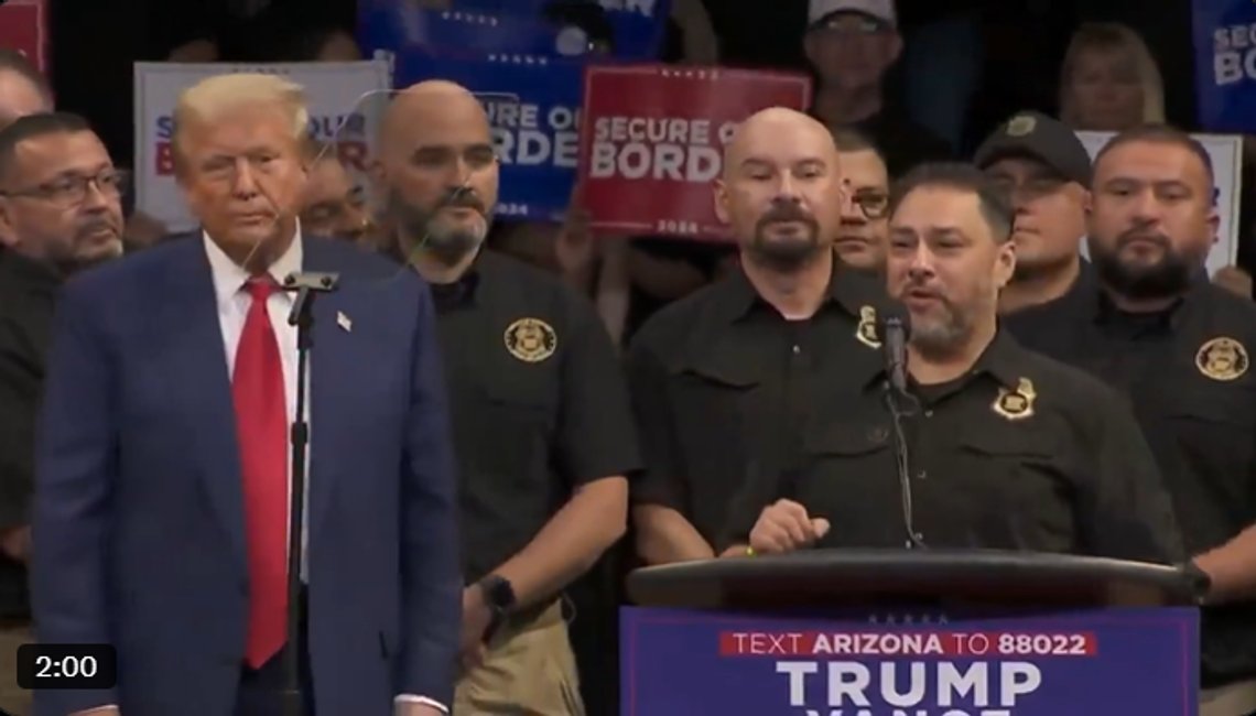 Presidenten for grensepatruljeforbundet, Paul Perez, ga unionens fulle støtte til Trump i det kommende presidentvalget. Stillbilde video/ X/ GOP Presidenten for grensepatruljeforbundet, Paul Perez, ga unionens fulle støtte til Trump i det kommende presidentvalget. Stillbilde video/ X/ GOP