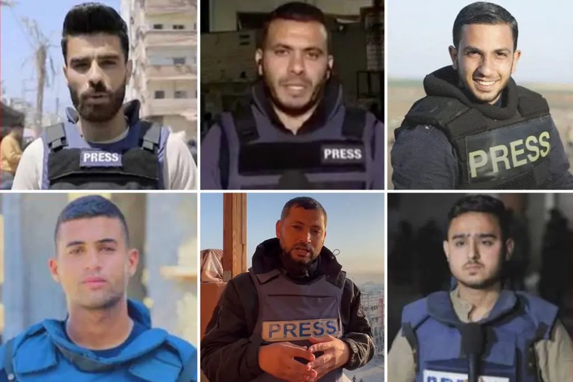 Kilde: IDF via New York Post. IDF anklager journalistene Anas al-Sharif, Alaa Salama, Hossam Shabat, Ashraf al-Saraj, Ismail Abu Omar og Talal Aruki for å samarbeide med terrorgruppene som medlemmer av deres militære og propagandistiske fløy. Kilde: IDF via New York Post. IDF anklager journalistene Anas al-Sharif, Alaa Salama, Hossam Shabat, Ashraf al-Saraj, Ismail Abu Omar og Talal Aruki for å samarbeide med terrorgruppene som medlemmer av deres militære og propagandistiske fløy.