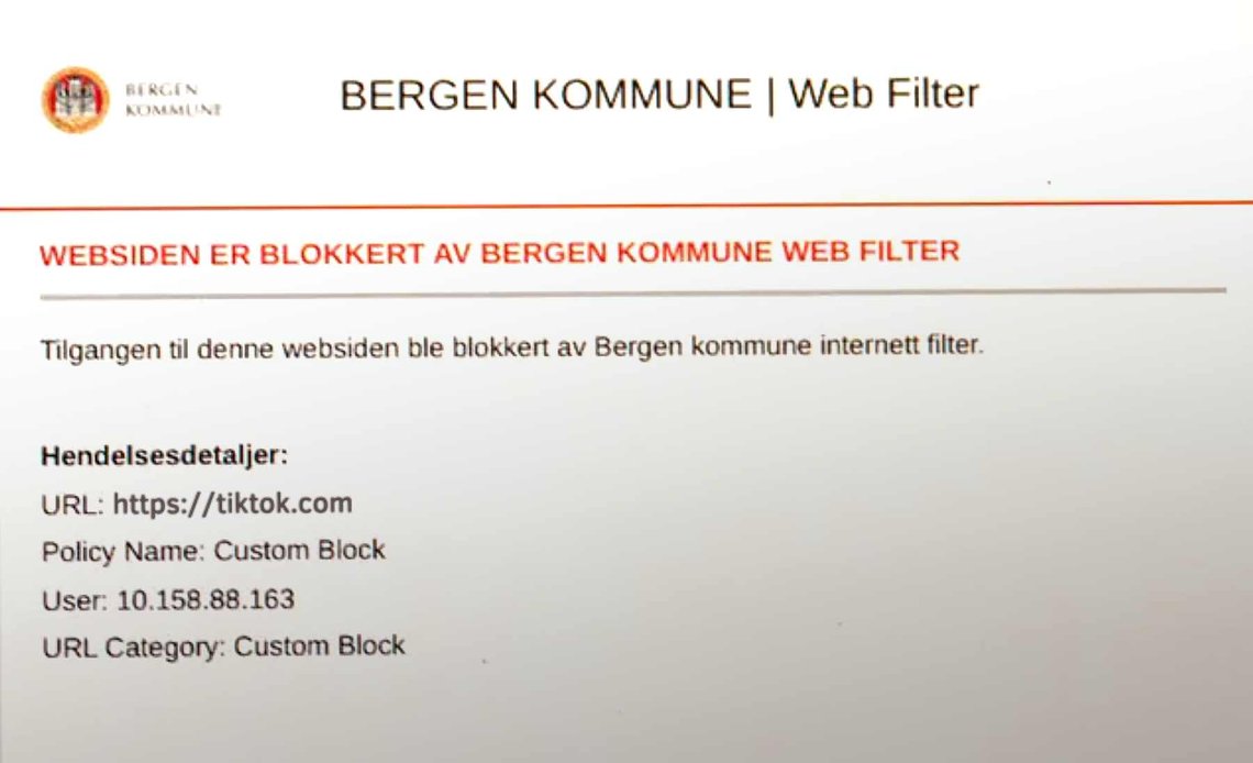 Omtrent slik ser Bergen kommunes internettsperre-verktøy ut for elever som prøver å gå til en svartelistet nettadresse, som TikTok eller Instagram. (Montasje: Document) Bergen kommunes internettsperre