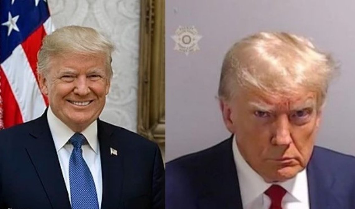 President Donald Trump poserer for sitt offisielle portrett i Det hvite hus i Washington, D.C., fredag 6. oktober 2017. Trumps arrestasjonsbilde utgitt av Fulton County, Georgia sheriffkontor. Kilde: Wikimedia Commons. President Donald Trump poserer for sitt offisielle portrett i Det hvite hus i Washington, D.C., fredag 6. oktober 2017. Trumps arrestasjonsbilde utgitt av Fulton County, Georgia sheriffkontor. Kilde: Wikimedia Commons.
