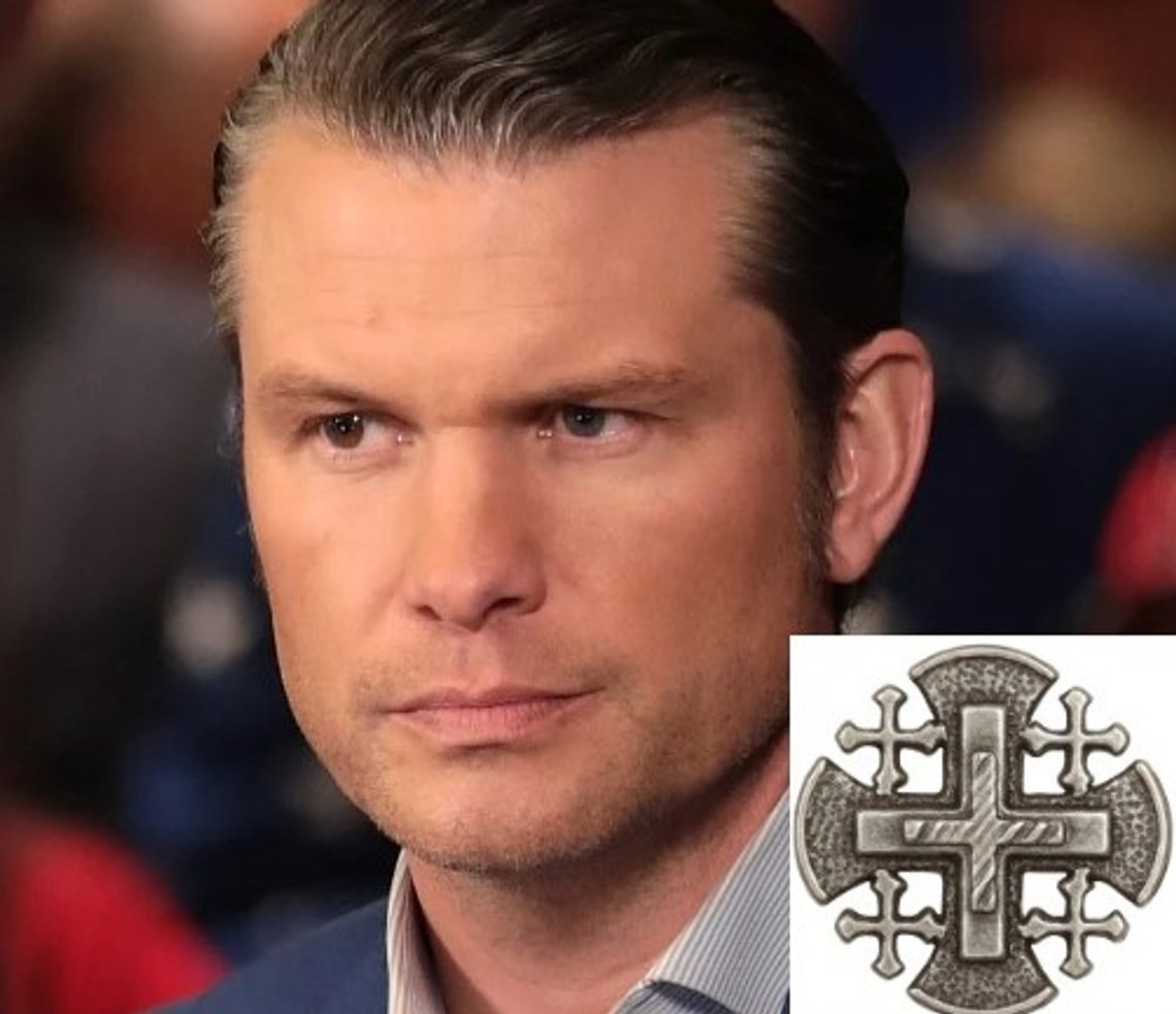 Pete Hegseth, 2020. Kilde: Wikimedia Commons av Gage Skidmore. Innsatt bilde: Jerusalem-korset, Shutterstock. Pete Hegseth, 2020. Kilde: Wikimedia Commons av Gage Skidmore. Innsatt bilde: Jerusalem-korset, Shutterstock.