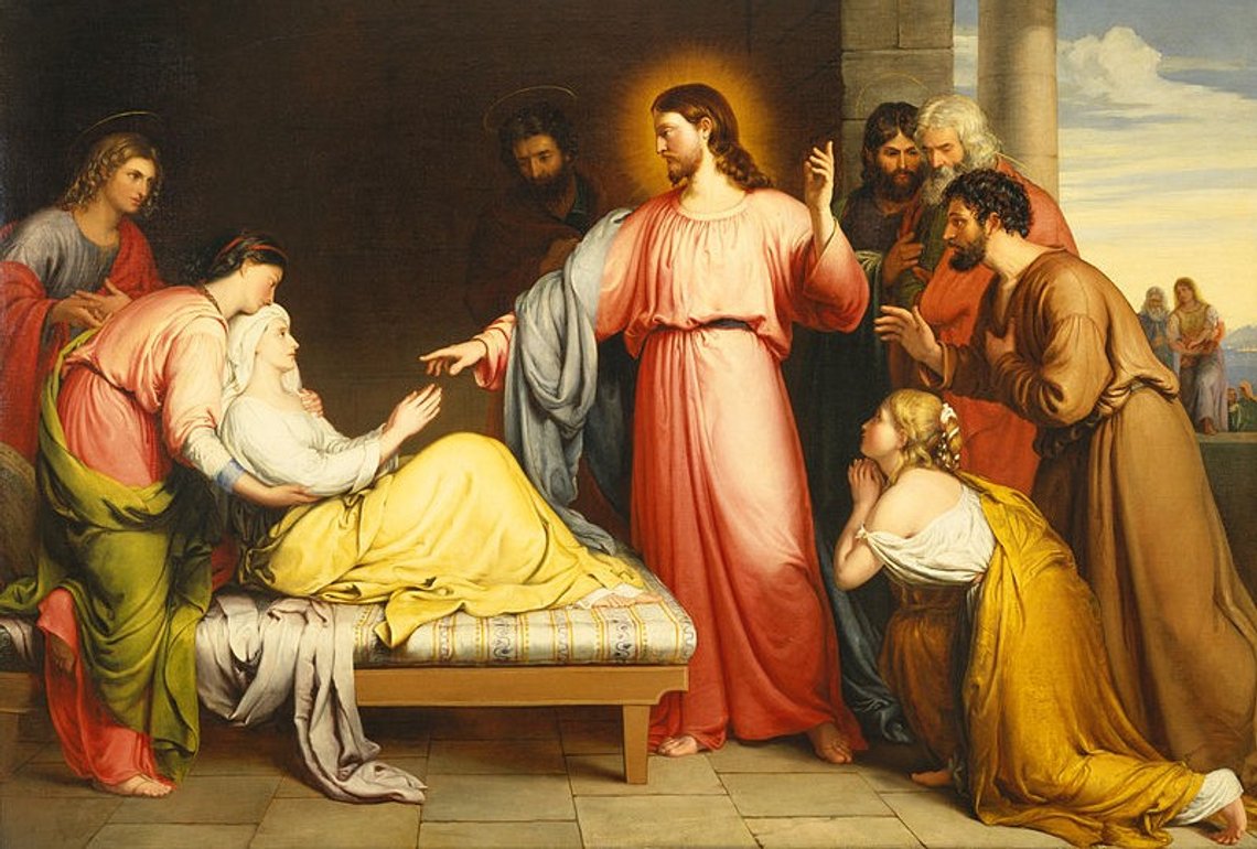 Kristus helbreder moren til Simon Peters kone. Maleri av John Bridges, 1839. Kilde: Wikimedia Commons. Kristus helbreder moren til Simon Peters kone. Maleri av John Bridges, 1839. Kilde: Wikimedia Commons.