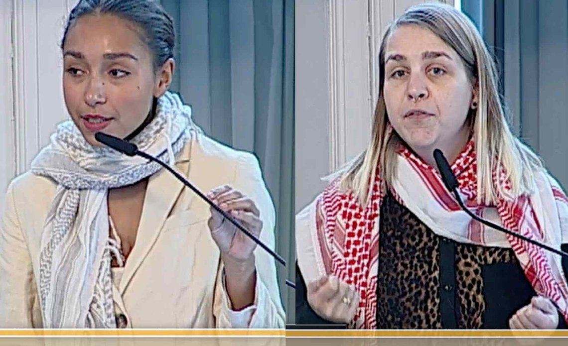 Eira Vilde Martinsen Garrido (SV) t.v. og Mailiss Solheim-Åkerblom (R) i Bergen bystyre 30. oktober. (Foto: Bergen kommunes webtv) Eira Vilde Martinsen Garrido (SV) t.v. og Mailiss Solheim-Åkerblom (R) i Bergen bystyre 30. oktober. (Foto: Bergen kommunes webtv)