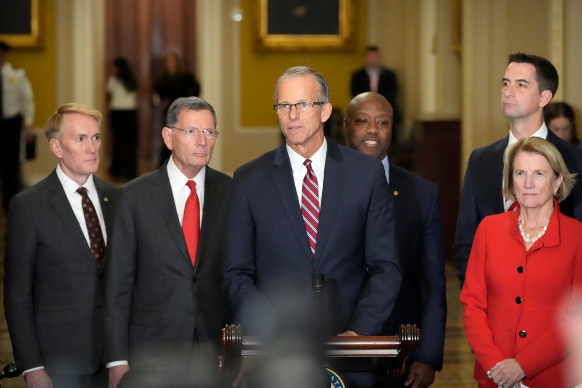 Newly-elected Senate Majority Leader Sen. John Thune, R-S.D., center, flanked by, from left, Sen. James Lankford, R-Okla., Sen. John Barrasso, R-Wyo., Sen. Tim Scott, R-S.C., Sen. Tom Cotton, R-Ark., and Sen. Shelley Moore Capito, R-W.Va., speaks at a news conference on Capitol Hill, Wednesday, Nov. 13, 2024, in Washington. (AP Photo/Mark Schiefelbein) Newly-elected Senate Majority Leader Sen. John Thune, R-S.D., center, flanked by, from left, Sen. James Lankford, R-Okla., Sen. John Barrasso, R-Wyo., Sen. Tim Scott, R-S.C., Sen. Tom Cotton, R-Ark., and Sen. Shelley Moore Capito, R-W.Va., speaks at a news conference on Capitol Hill, Wednesday, Nov. 13, 2024, in Washington. (AP Photo/Mark Schiefelbein)