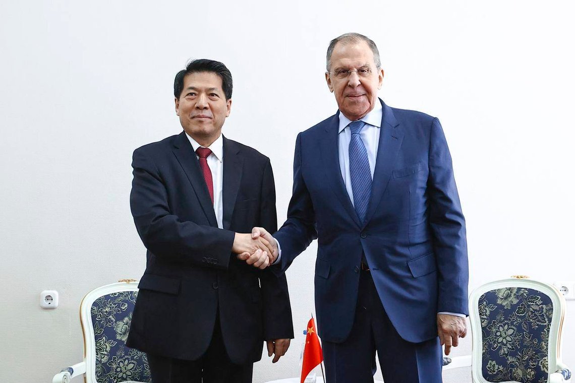 In this photo released by Russian Foreign Ministry Press Service on Thursday, Oct. 31, 2024, Chinese Special Envoy for Eurasian Affairs Li Hui, left, and Russian Foreign Minister Sergey Lavrov shake hands during their meeting on the sidelines of the Minsk International Conference on Eurasian Security in Minsk, Belarus. (Russian Foreign Ministry Press Service via AP) In this photo released by Russian Foreign Ministry Press Service on Thursday, Oct. 31, 2024, Chinese Special Envoy for Eurasian Affairs Li Hui, left, and Russian Foreign Minister Sergey Lavrov shake hands during their meeting on the sidelines of the Minsk International Conference on Eurasian Security in Minsk, Belarus. (Russian Foreign Ministry Press Service via AP)