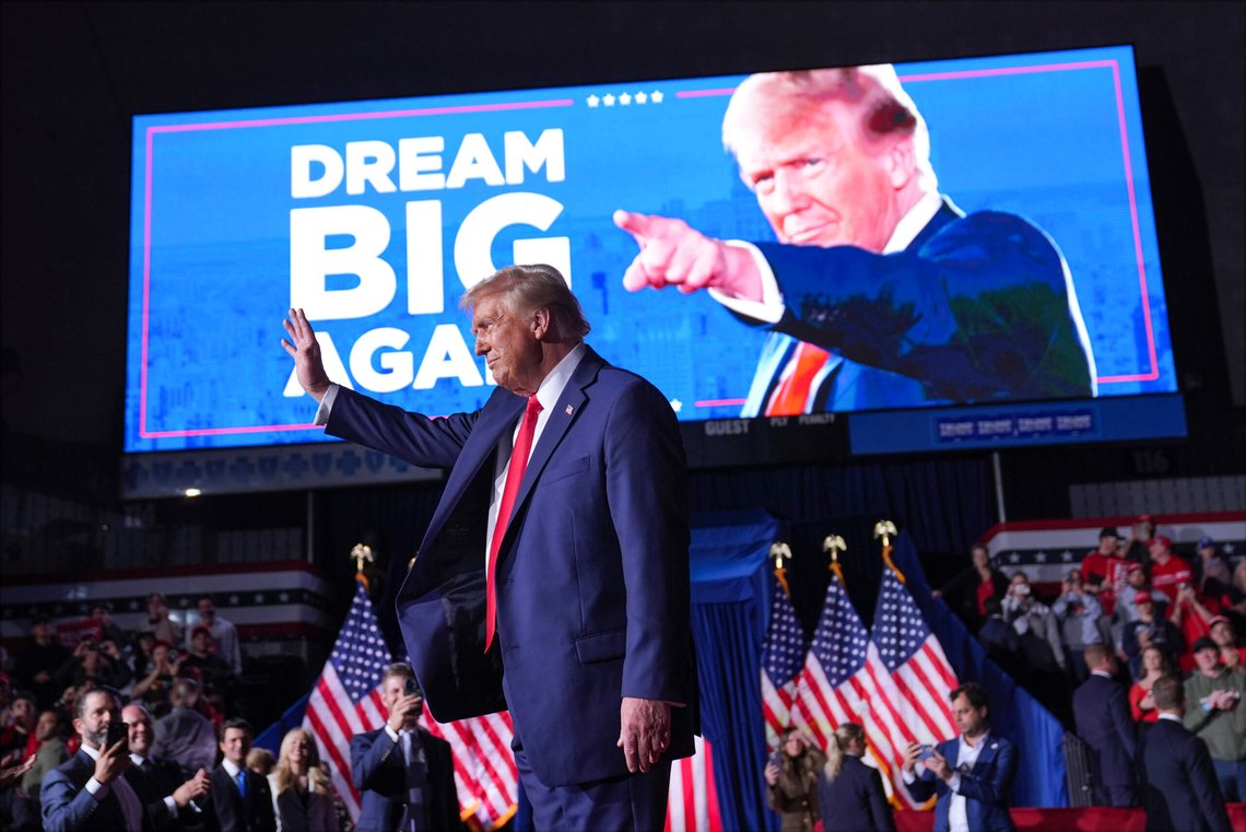 Republican presidential nominee former President Donald Trump waves at a campaign rally at Van Andel Arena, Tuesday, Nov. 5, 2024, in Grand Rapids, Mich. (AP Photo/Evan Vucci) Republican presidential nominee former President Donald Trump waves at a campaign rally at Van Andel Arena, Tuesday, Nov. 5, 2024, in Grand Rapids, Mich. (AP Photo/Evan Vucci)