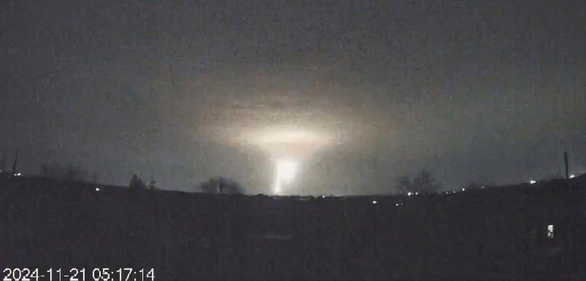 In this screen grab from a video provided by the Come Back Alive Foundation on Nov. 21, 2024, lights are seen in the sky during a Russian attack on Dnipro, Ukraine. (Ukrainian Emergency Service via AP) In this screen grab from a video provided by the Come Back Alive Foundation on Nov. 21, 2024, lights are seen in the sky during a Russian attack on Dnipro, Ukraine. (Ukrainian Emergency Service via AP)